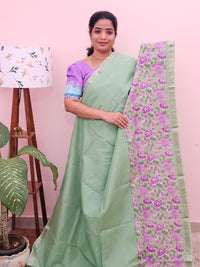 Handwoven Mangalagiri Pattu Saree with Digital Prints  - Green with Purple