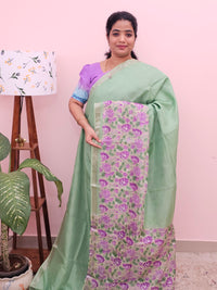 Handwoven Mangalagiri Pattu Saree with Digital Prints  - Green with Purple