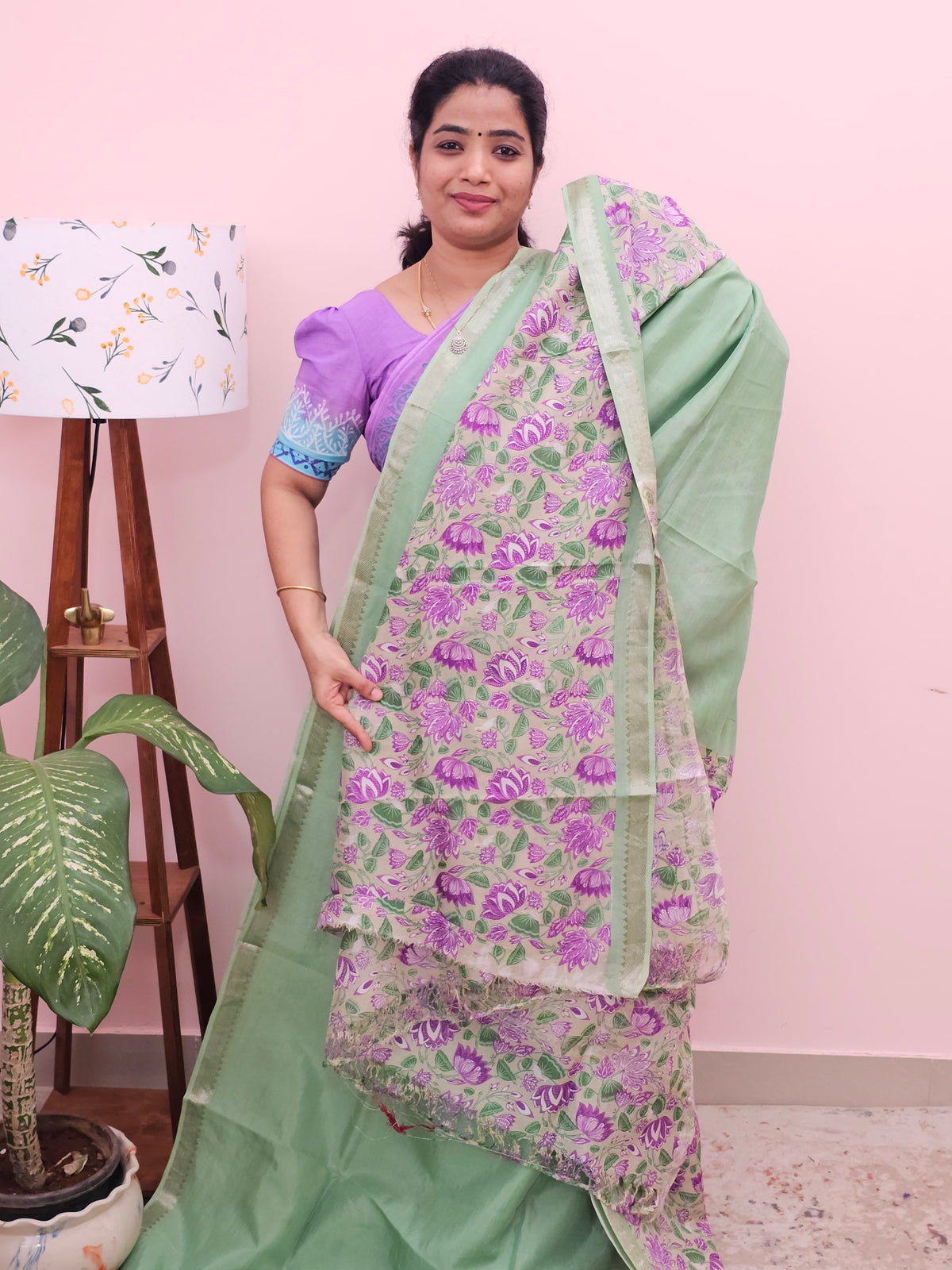 Handwoven Mangalagiri Pattu Saree with Digital Prints  - Green with Purple