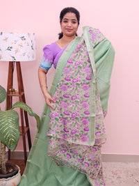 Handwoven Mangalagiri Pattu Saree with Digital Prints  - Green with Purple