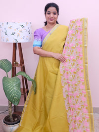 Handwoven Mangalagiri Pattu Saree with Digital Prints  Yellow with Pink