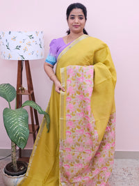 Handwoven Mangalagiri Pattu Saree with Digital Prints  Yellow with Pink