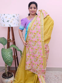 Handwoven Mangalagiri Pattu Saree with Digital Prints  Yellow with Pink