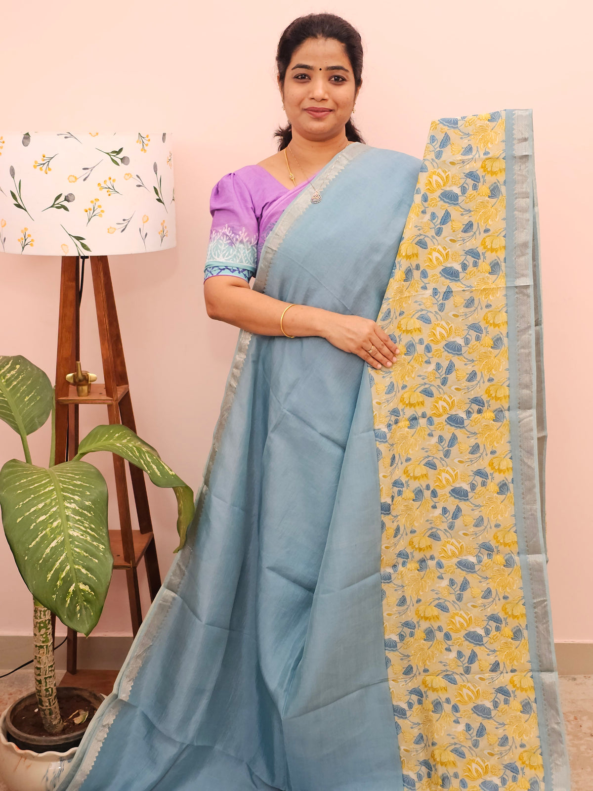 Handwoven Mangalagiri Pattu Saree with Digital Prints  - Blue with Yellow