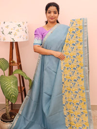 Handwoven Mangalagiri Pattu Saree with Digital Prints  - Blue with Yellow