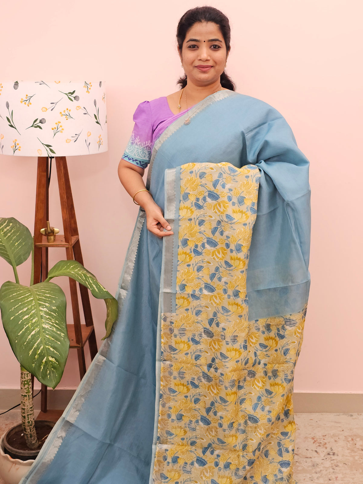 Handwoven Mangalagiri Pattu Saree with Digital Prints  - Blue with Yellow