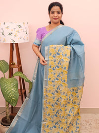 Handwoven Mangalagiri Pattu Saree with Digital Prints  - Blue with Yellow