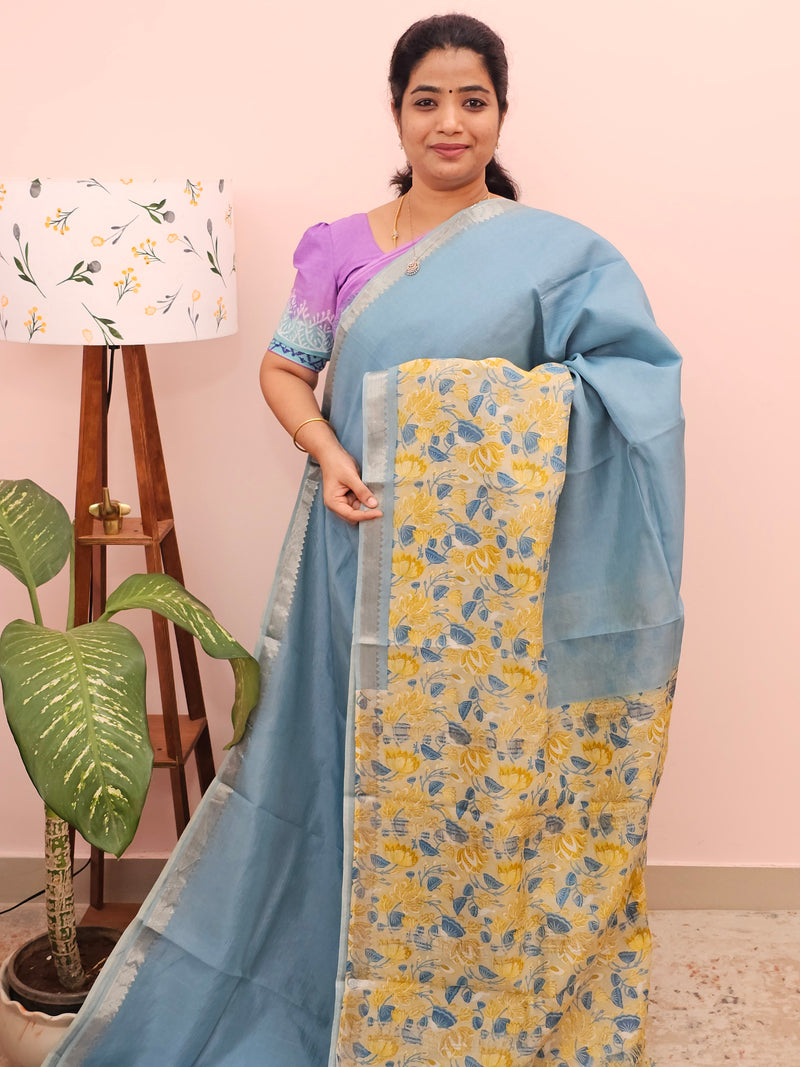 Handwoven Mangalagiri Pattu Saree with Digital Prints  - Blue with Yellow