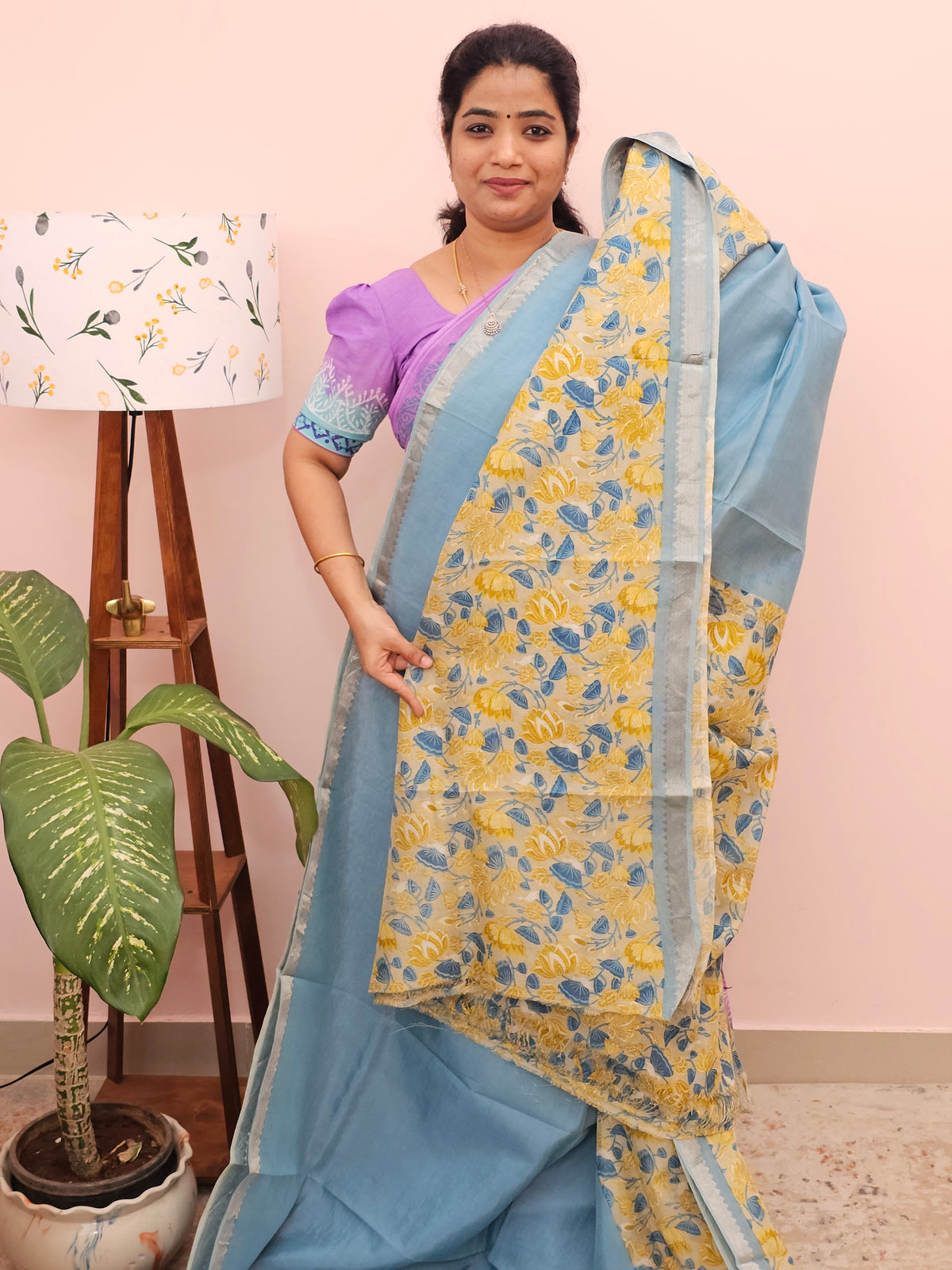 Handwoven Mangalagiri Pattu Saree with Digital Prints  - Blue with Yellow