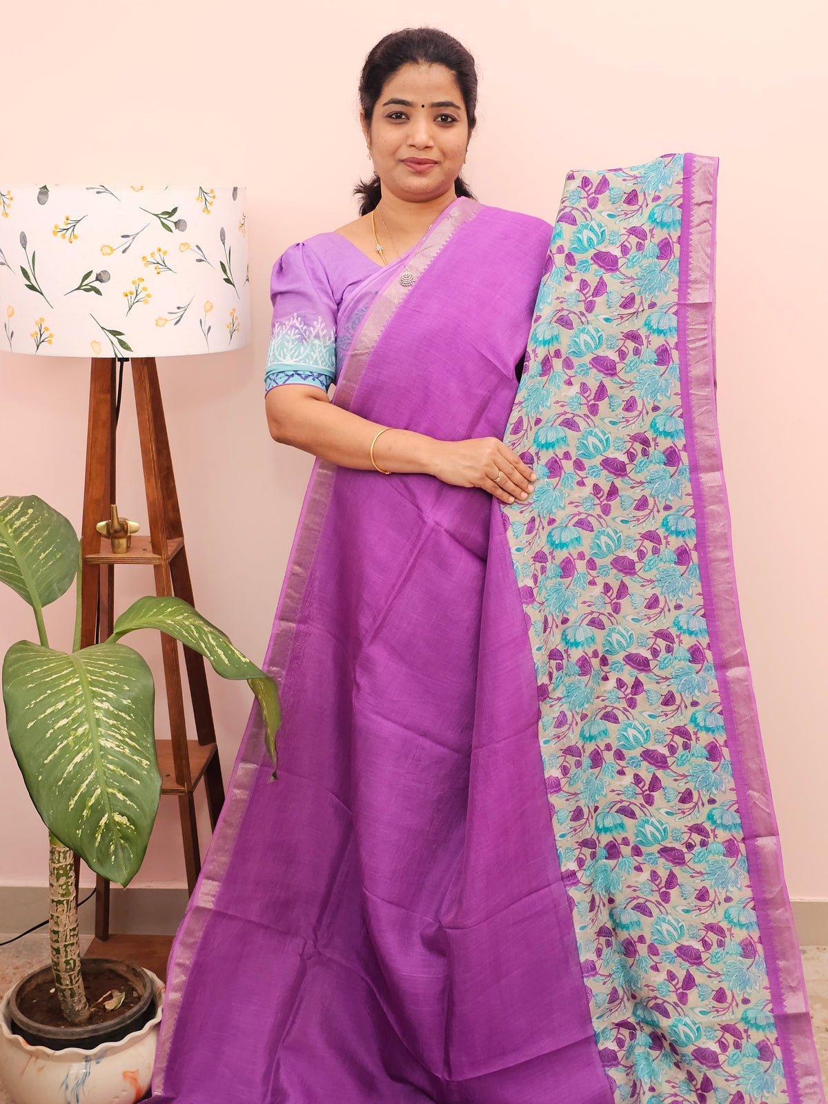 Handwoven Mangalagiri Pattu Saree with Digital Prints  - Purple with Blue