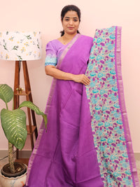 Handwoven Mangalagiri Pattu Saree with Digital Prints  - Purple with Blue