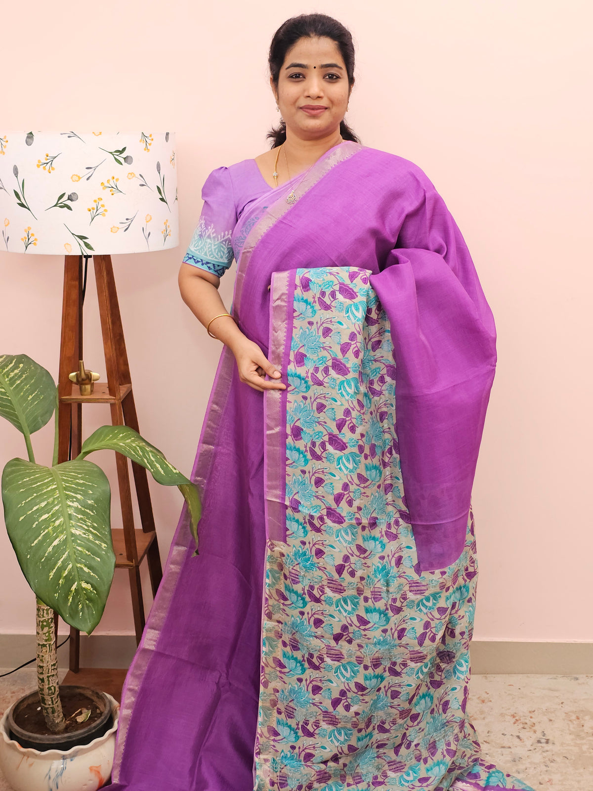 Handwoven Mangalagiri Pattu Saree with Digital Prints  - Purple with Blue