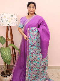 Handwoven Mangalagiri Pattu Saree with Digital Prints  - Purple with Blue