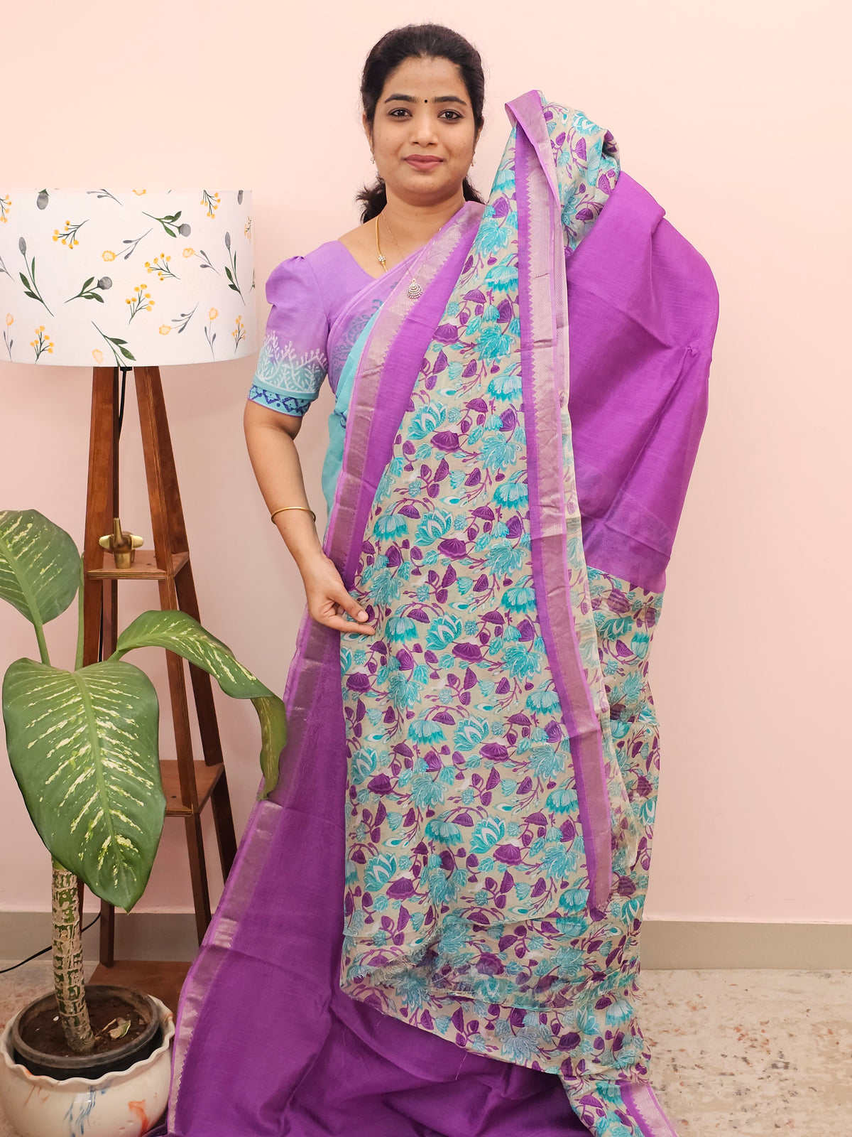 Handwoven Mangalagiri Pattu Saree with Digital Prints  - Purple with Blue