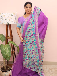 Handwoven Mangalagiri Pattu Saree with Digital Prints  - Purple with Blue