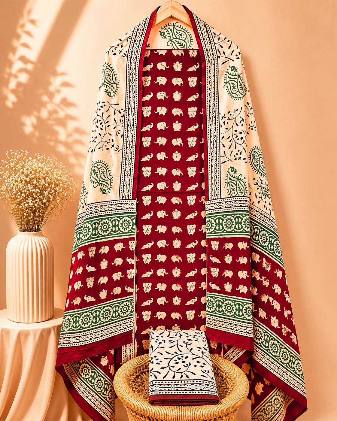 Pure Cotton Unstitched Salwar -  Dark Red with Beige