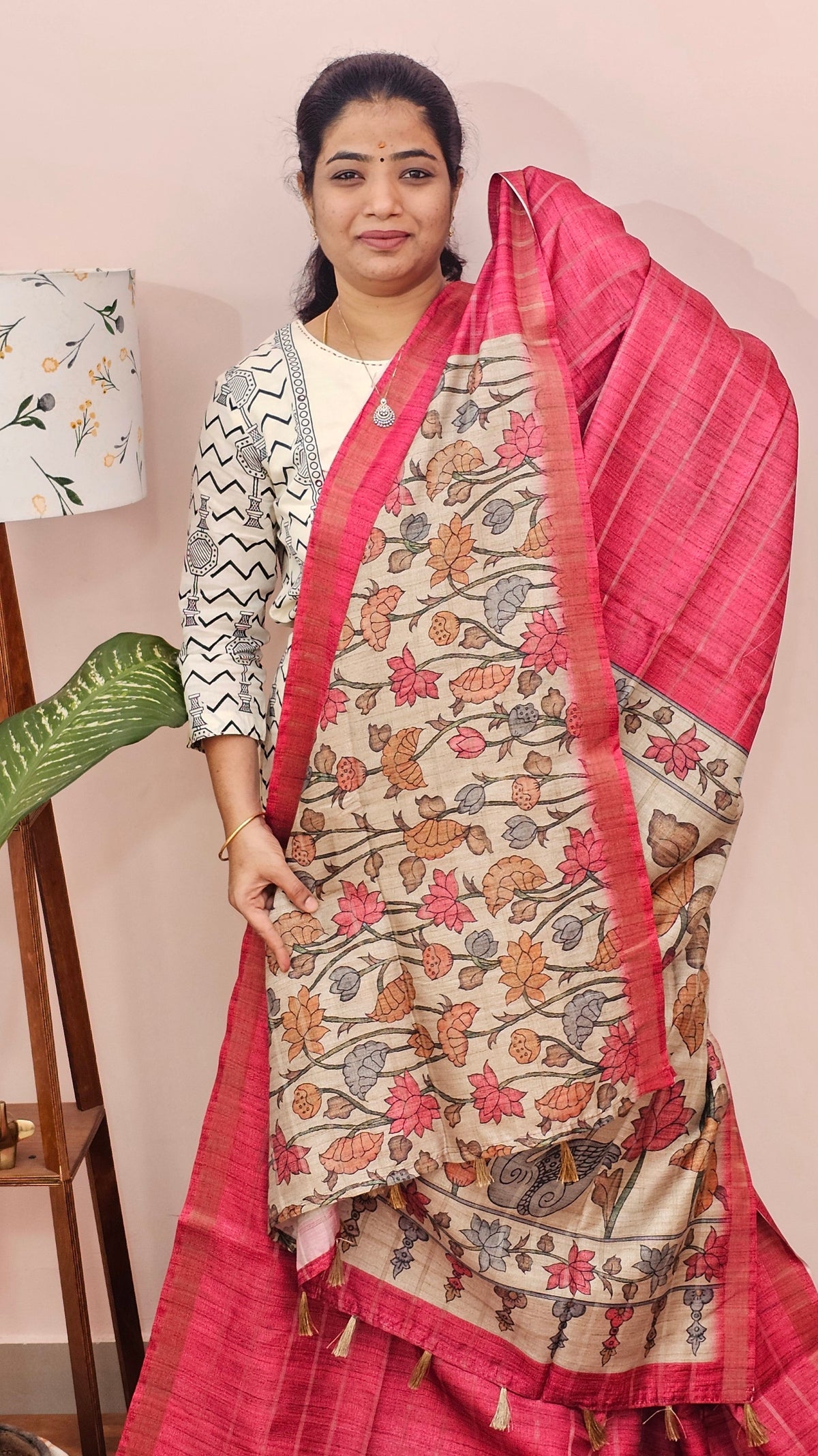 Soft Semi Tussar Checks Weaving with Kalamkari - Pink