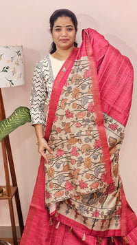 Soft Semi Tussar Checks Weaving with Kalamkari - Pink
