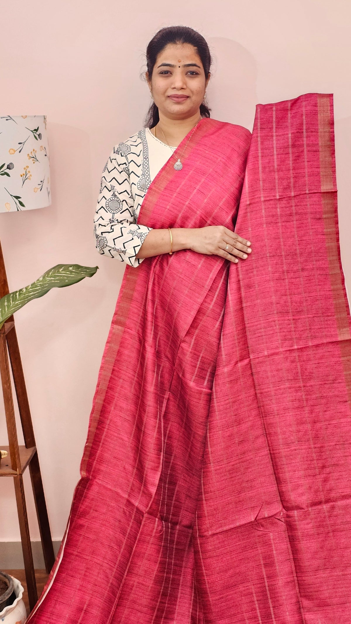 Soft Semi Tussar Checks Weaving with Kalamkari - Pink