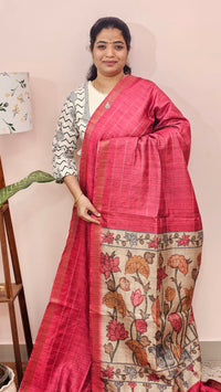 Soft Semi Tussar Checks Weaving with Kalamkari - Pink