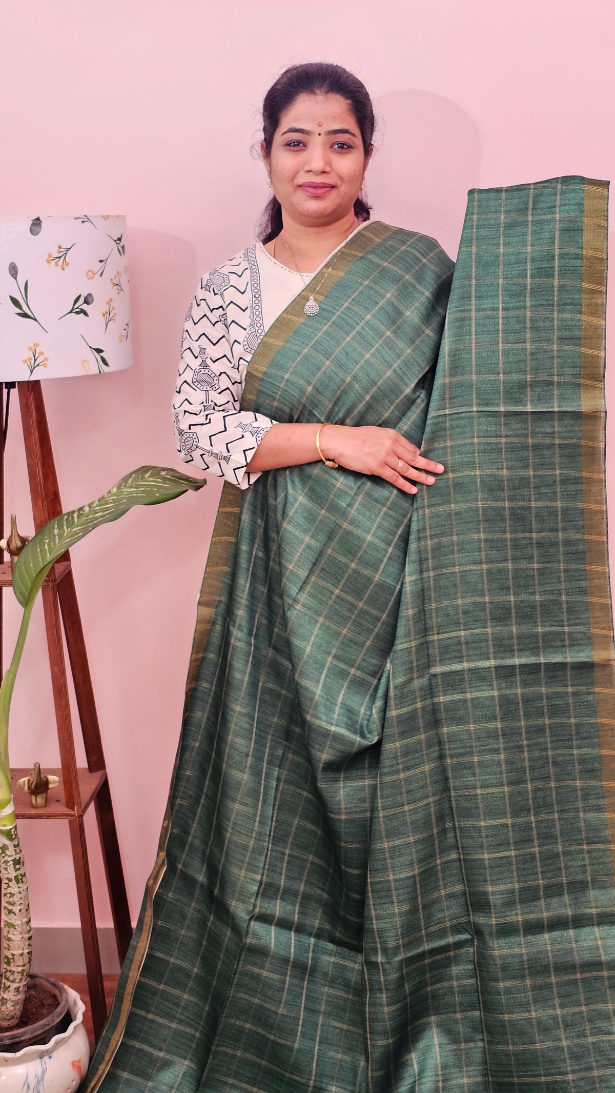 Soft Semi Tussar Checks Weaving with Kalamkari - Green