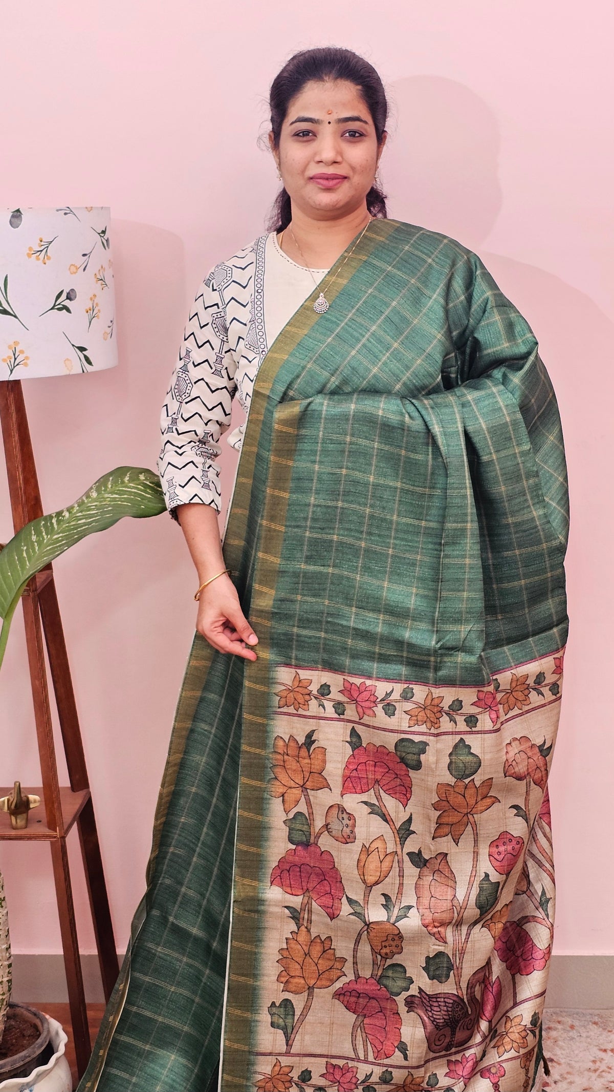 Soft Semi Tussar Checks Weaving with Kalamkari - Green