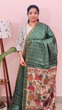 Soft Semi Tussar Checks Weaving with Kalamkari - Green