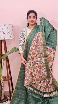 Soft Semi Tussar Checks Weaving with Kalamkari - Green