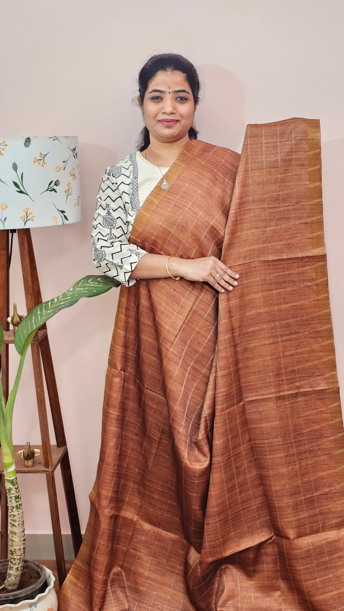 Soft Semi Tussar Checks Weaving with Kalamkari - Honey Brown