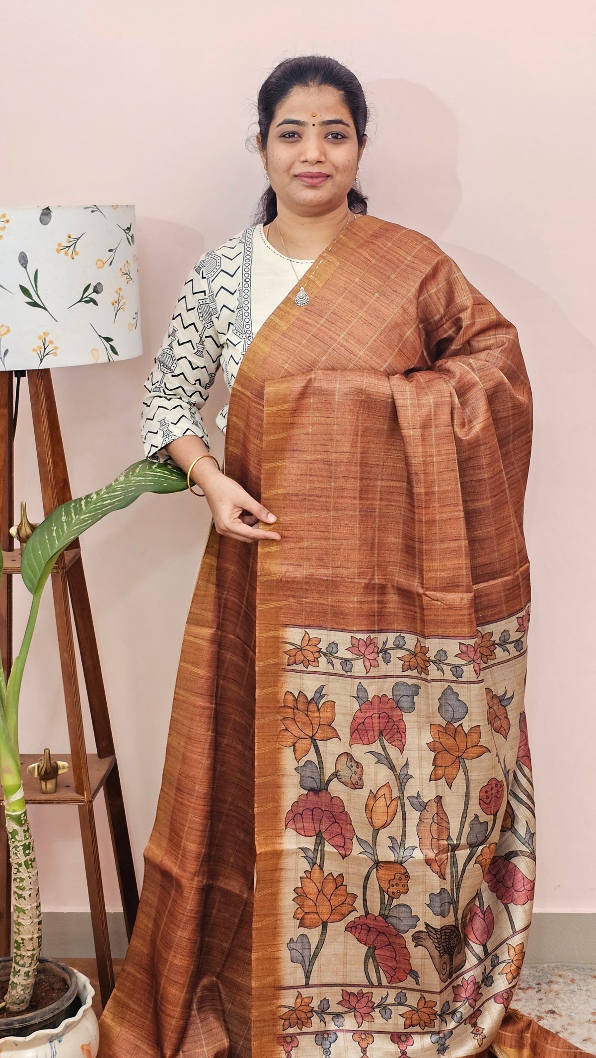 Soft Semi Tussar Checks Weaving with Kalamkari - Honey Brown