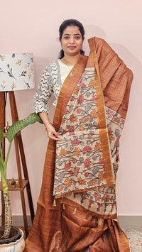 Soft Semi Tussar Checks Weaving with Kalamkari - Honey Brown