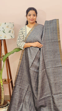 Soft Semi Tussar Checks Weaving with Kalamkari - Grey