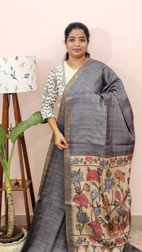 Soft Semi Tussar Checks Weaving with Kalamkari - Grey
