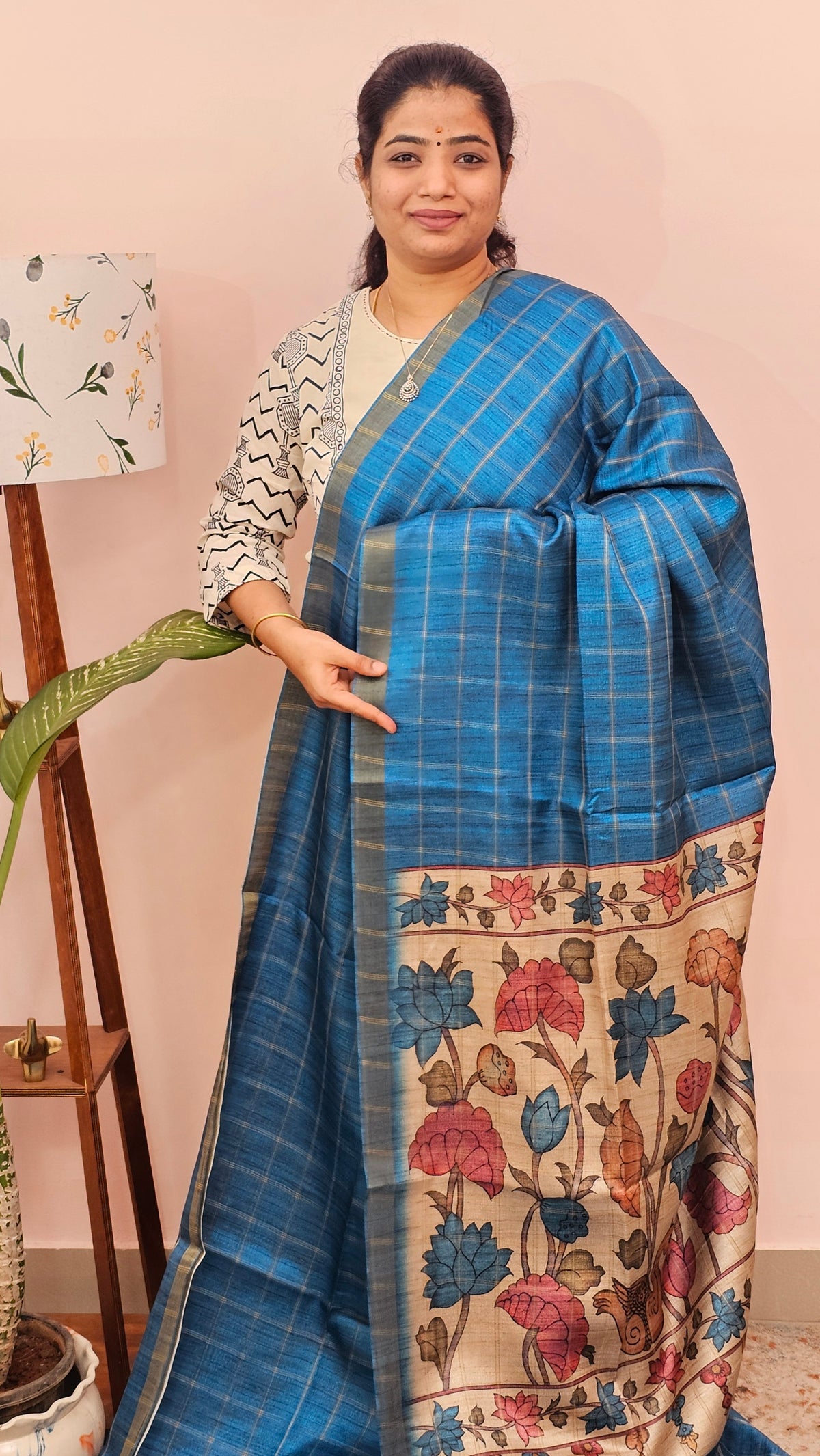Soft Semi Tussar Checks Weaving with Kalamkari -  Blue
