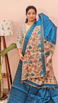 Soft Semi Tussar Checks Weaving with Kalamkari -  Blue
