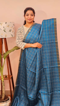 Soft Semi Tussar Checks Weaving with Kalamkari -  Blue