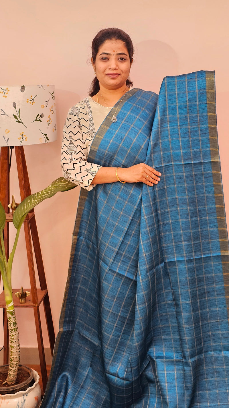 Soft Semi Tussar Checks Weaving with Kalamkari -  Blue