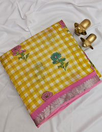 Handwoven Mangalagiri Pattu Saree with Digital Prints  - Yellow with Pink