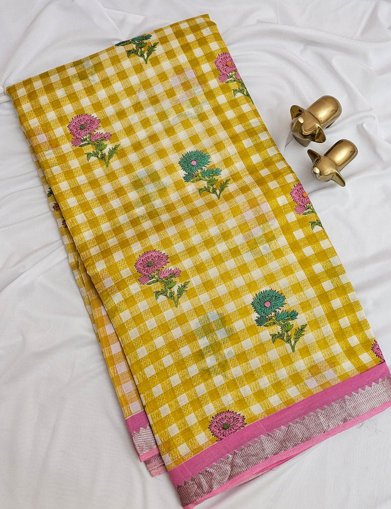Handwoven Mangalagiri Pattu Saree with Digital Prints  - Yellow with Pink