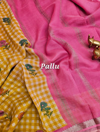 Handwoven Mangalagiri Pattu Saree with Digital Prints  - Yellow with Pink