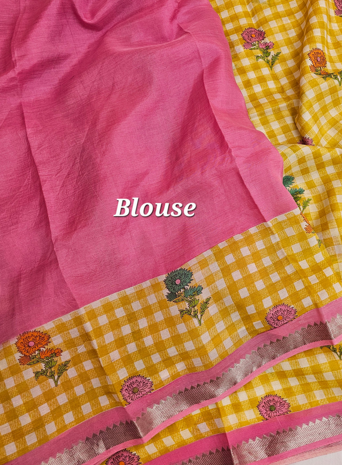 Handwoven Mangalagiri Pattu Saree with Digital Prints  - Yellow with Pink