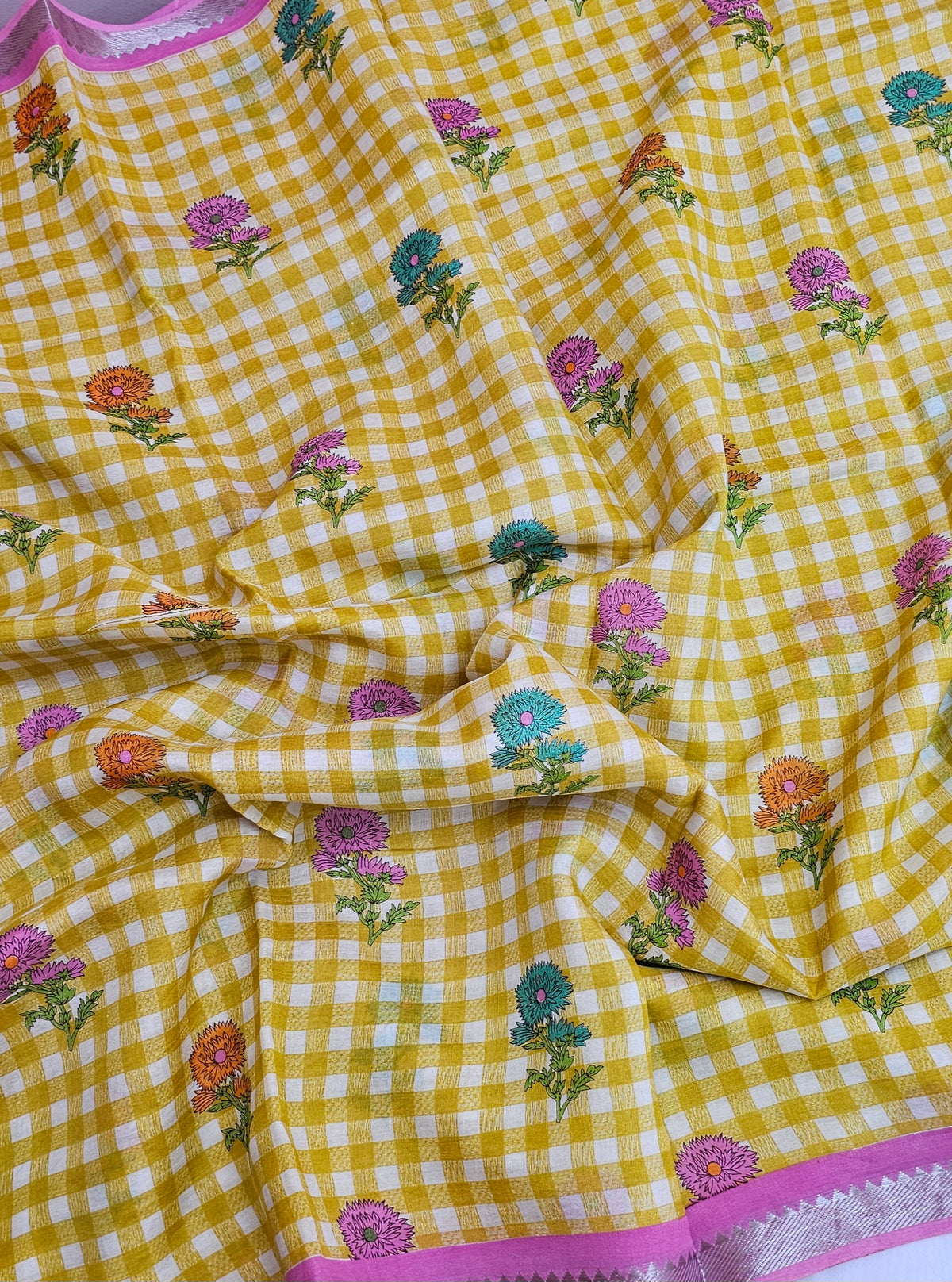 Handwoven Mangalagiri Pattu Saree with Digital Prints  - Yellow with Pink