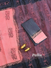 Pure Cotton with Checks Hand Block Prints - Pink with Grey