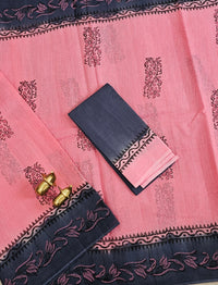 Pure Cotton with Checks Hand Block Prints - Pink with Grey