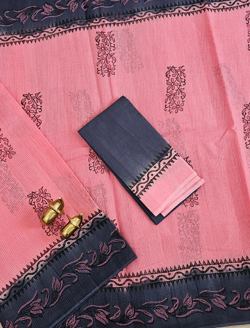 Pure Cotton with Checks Hand Block Prints - Pink with Grey