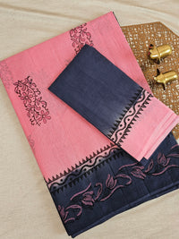 Pure Cotton with Checks Hand Block Prints - Pink with Grey