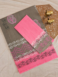 Pure Cotton with Checks Hand Block Prints - Classic Cement Grey with Pink