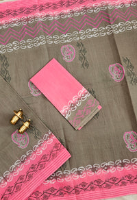 Pure Cotton with Checks Hand Block Prints - Classic Cement Grey with Pink