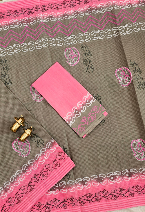 Pure Cotton with Checks Hand Block Prints - Classic Cement Grey with Pink