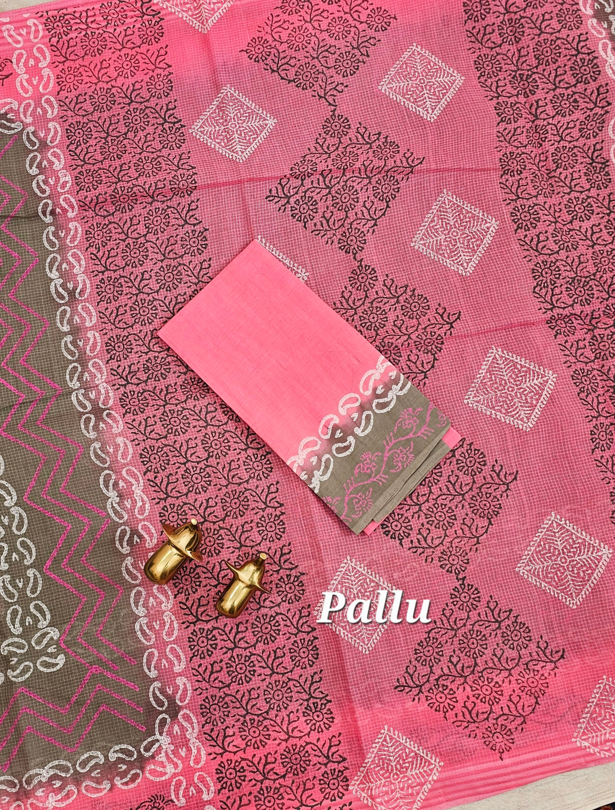Pure Cotton with Checks Hand Block Prints - Classic Cement Grey with Pink